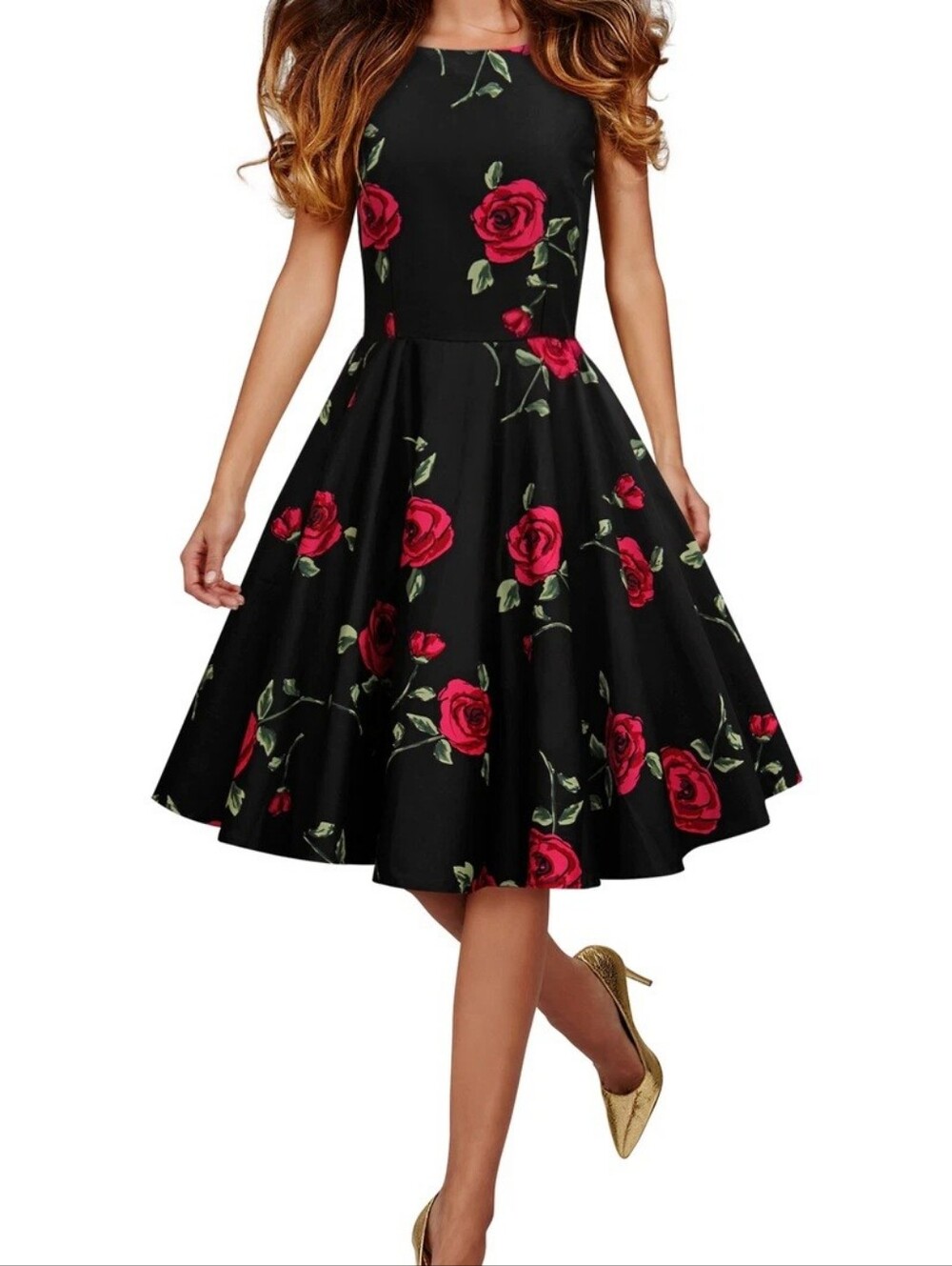 Grace Karin Black Rose Print Fit-&-Flare Dress